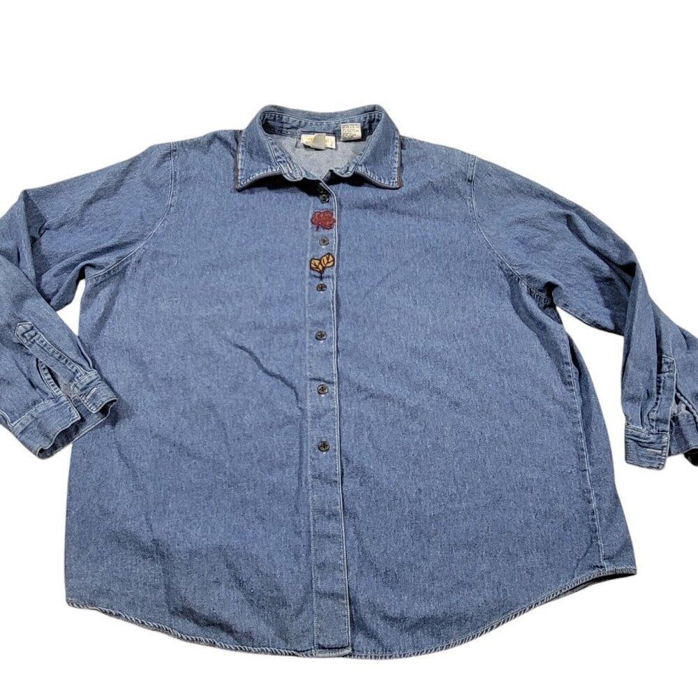Talbots Denim Shirt Womens 20W Blue Button Up Long Sleeve Floral Leaves Flaw*